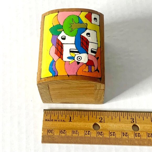 Mexican Guerrero Carved Wooden Trinket Box With Leather Hinges - Picture 9 of 12